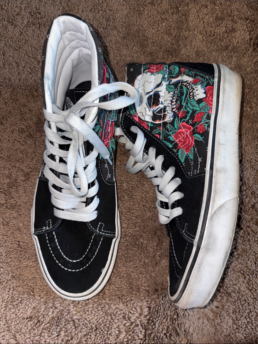Vans Black High-Top Sneakers with Red Rose & Green Leaf Skull Graphic